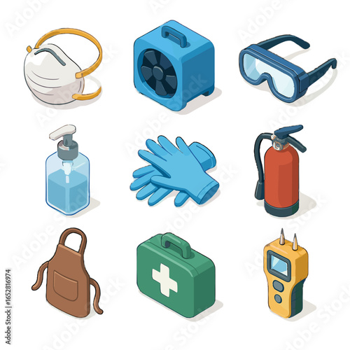 Vector safety hand icon sanitizer extinguisher restoration first goggles aid face moisture