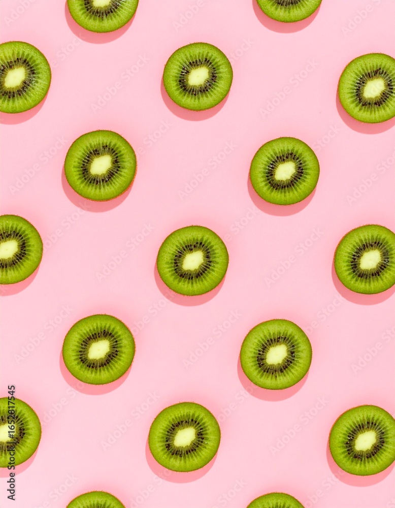 Fototapeta premium Kiwi slices arranged in a grid on pink background