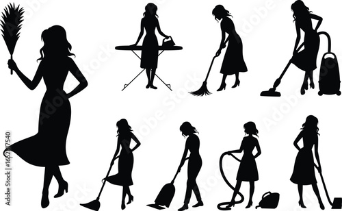 Woman Housekeeping Silhouette Vector Set, House Cleaning Activities, Vacuuming, Mopping, Dusting, Ironing, Housework Chores Icons, Domestic Cleaner Poses