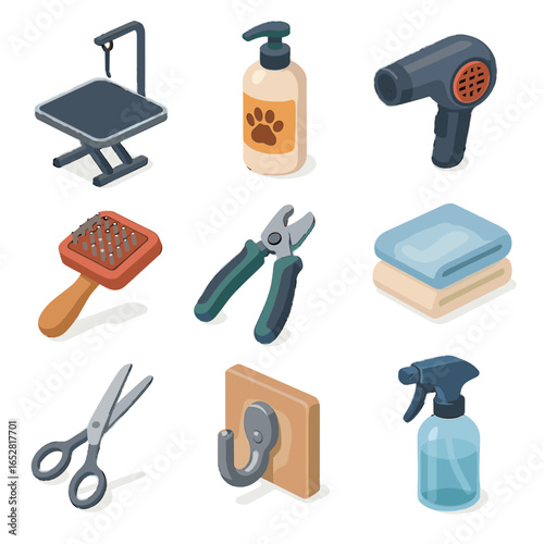 Pet grooming table stack brush clippers bottle spray water icons icon vector