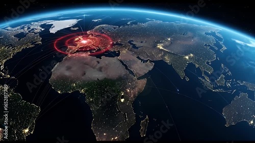 A satellite view of Earth at night, highlighting a specific region in Europe with a red alert circle indicating an important event or crisis.