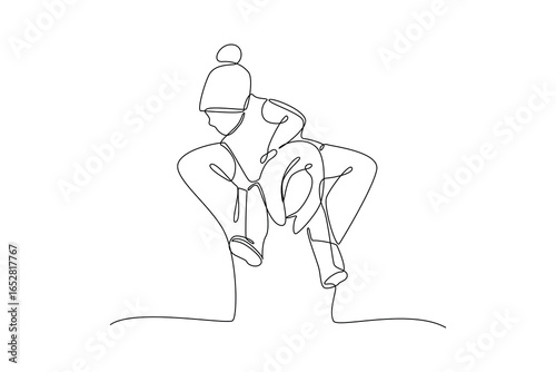 simple continuous line draw of baby sitter is holding a baby on his shoulder. Baby sitter minimalist concept, Baby sitter activity, simple line.