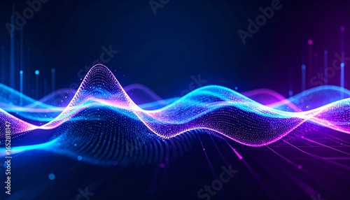 Abstract digital wave pattern.  Vibrant neon blue and purple particles form undulating, dynamic lines on a dark background. Data points and lines are integrated into the design
