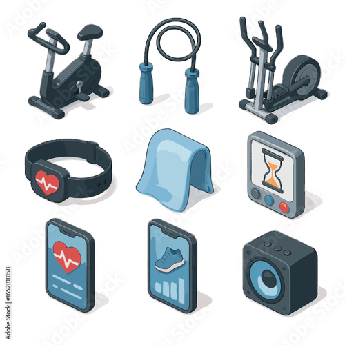 Cardio elliptical monitor exercise rate interval rope icons icon workout vector jump