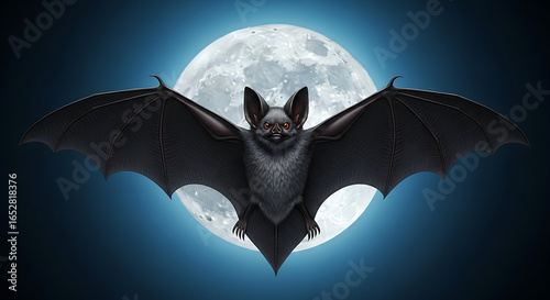 A bat flying in front of a full moon with its wings spread wide against a dark blue background