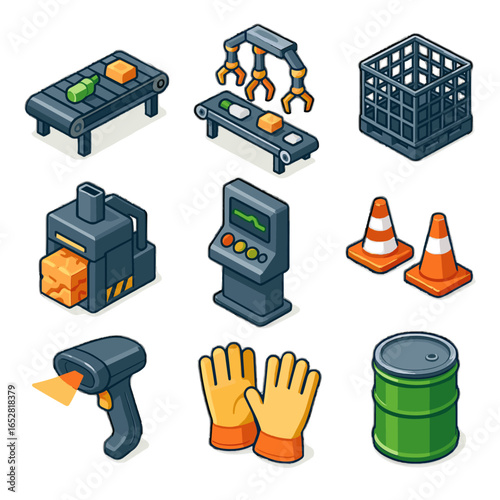 Industrial icon unit gloves separator vector recycling barrel collection conveyor arms icons