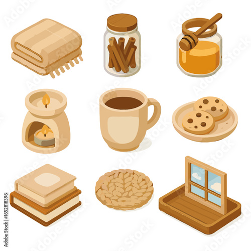 Cozy candle vector dipper mug cinnamon tea icon warmer cookie blanket oversized