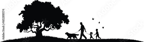 Family Walking with Dog Under Tree in Nature, Silhouette Scene with Children, Pet, and Butterflies, Peaceful Outdoor Family Moment