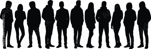 Silhouette illustration of group people standing together, young men and women in casual clothing, modern urban fashion, vector crowd design graphic art