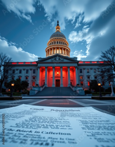 Dramatic View of Government Building Illuminated at Dusk with Document in Foreground Emphasizing Legislative Process and Civic Engagement