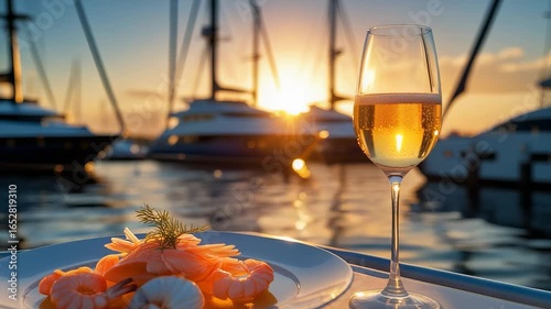 Seafood Plate with Shrimp and White Wine Glass at Sunset by Marina Boats