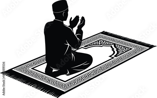 Silhouette illustration of Muslim man praying on traditional prayer mat, Islamic religion, worship, faith, devotion, spirituality, Ramadan, Eid, cultural tradition