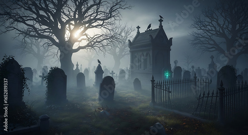 A foggy graveyard with tombstones and a mausoleum under a large tree with crows perched atop it