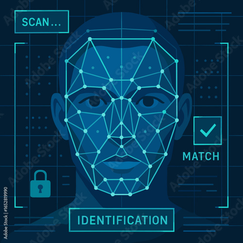 Facial recognition technology concept with digital scanning and identification process