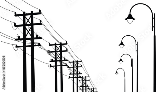 Silhouette of electric power poles and street lamps with utility wires, urban electricity infrastructure, night lighting design, vector illustration background