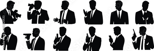 Silhouettes of men in suits with guns and cameras, secret agent vector illustrations, spy characters in formal wear, covert operations icons, mysterious 