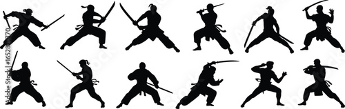 Silhouettes of ninjas practicing sword fighting, martial arts, katana poses, combat training, warrior stance, action movement, fight sequence vectorizer