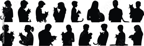 Silhouettes of people holding cats, pets, animals, love, care, companionship, cat owners, affection, friendship, black vector art, family moments.