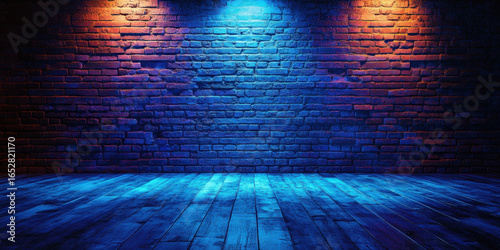 Vibrant brick wall illuminated by colorful lights creates dramatic atmosphere, with wooden floor adding texture to scene. interplay of blue and orange lighting enhances mood