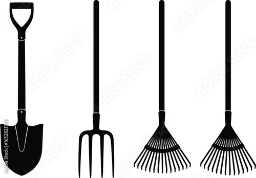 Silhouette vector illustration of gardening tools including shovel, pitchfork, leaf rake and garden rake, black simple icons for farming and agriculture design