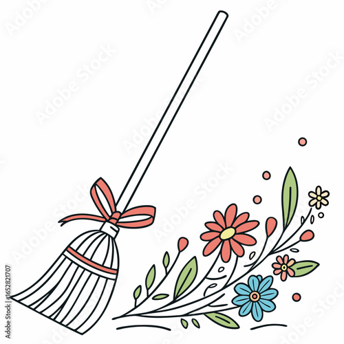 Broom with flowers isolated on white background, a symbol of spring cleaning