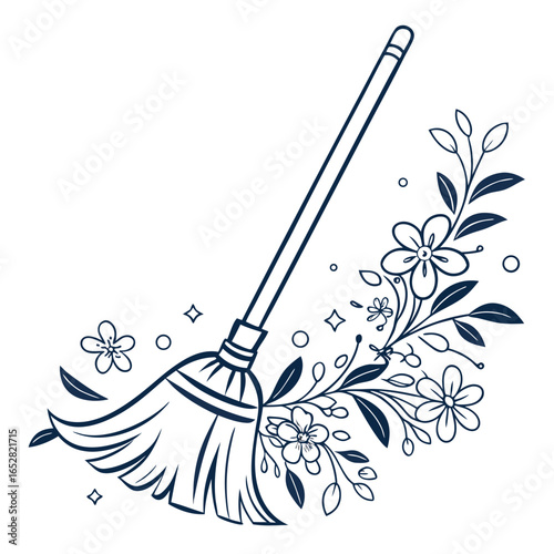 Broom with floral decoration isolated on white background