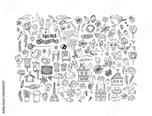 Hand drawn doodle set of different nature icons. Summer or spring graphics