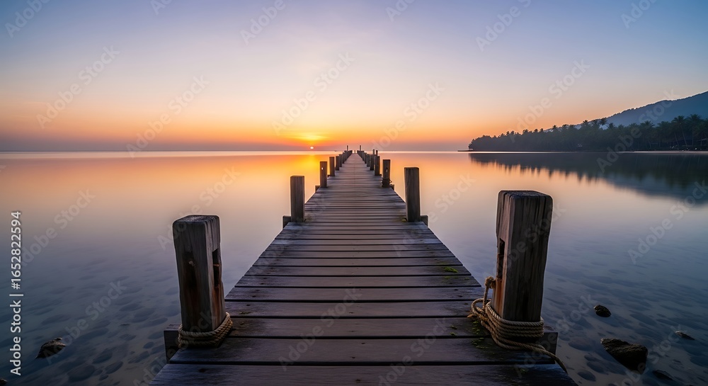Fototapeta premium Peaceful Sunrise Wooden Pier Over Calm Water.