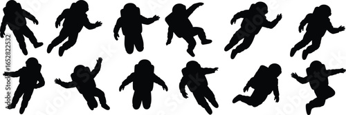 Vector astronaut silhouettes floating space suits, zero gravity spacewalk, cosmic exploration, spaceman jumping, outer space helmet, science, technology, space adventure illustration.