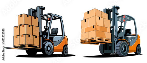 Modern forklift carrying cardboard boxes flat vector illustration isolated on white background