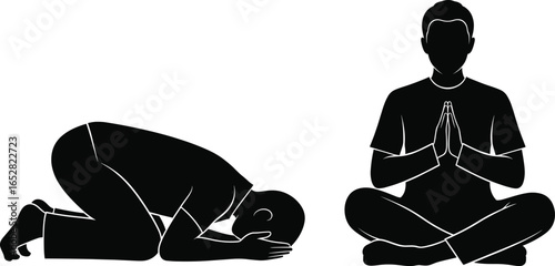 Vector illustration of meditation and prayer, spiritual man practicing yoga, mindfulness, Islamic sujood, worship, inner peace, religion, cultural tradition, healthy lifestyle, devotion