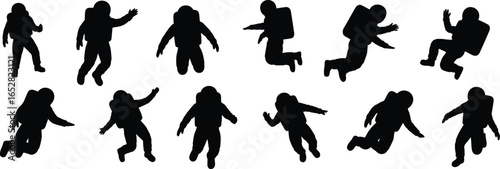 Vector silhouette astronauts floating space suit, zero gravity movement, cosmic exploration, spaceman jumping, spacewalk, helmet, outer space adventure, science, technology.