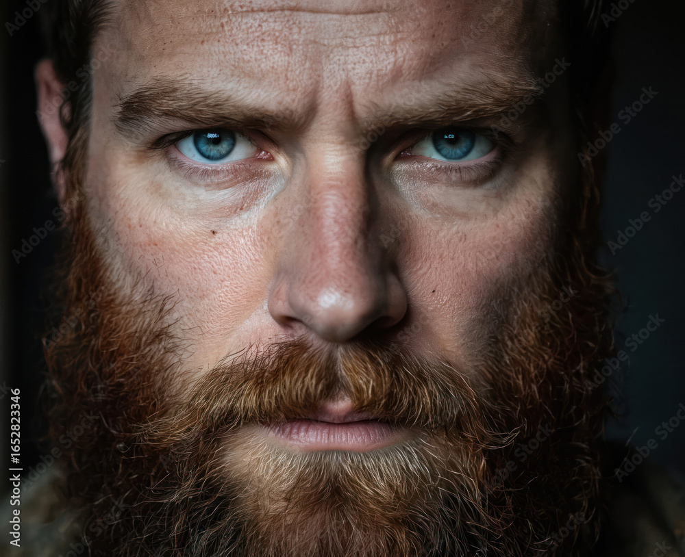 Obraz premium Close-up portrait of man with beard and intense blue eyes staring intently. Serious male with facial hair and moustache looking directly at the viewer. Confident, determined gaze. Studio shot.