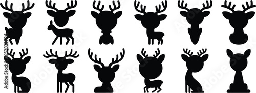 Vector silhouette of cute deer with antlers, woodland animals, wildlife, nature, forest creatures, adorable, cartoon style, peaceful, wild animals, animal icons.