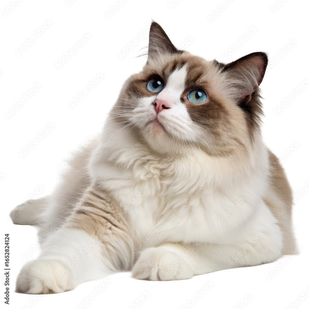 Obraz premium Beautiful ragdoll cat with blue eyes lying down and looking upwards with soft fur isolated on transparent background
