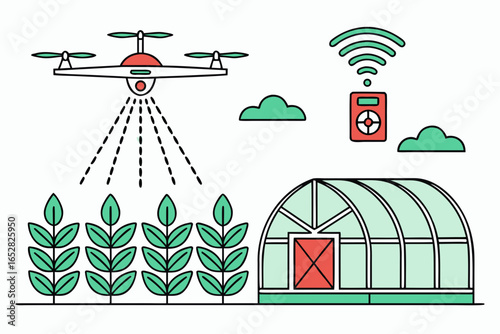 Vector design of smart farming — drone spraying crops, sensors, greenhouse automation, data-driven agriculture technology, modern eco farming illustration.
