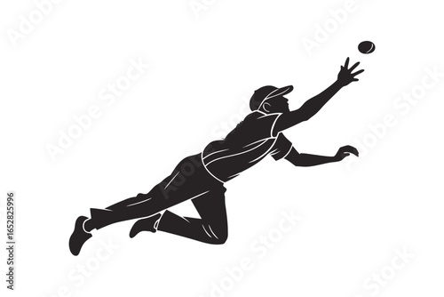 Black silhouette of a cricket fielder diving to catch the ball, flat vector with white background.