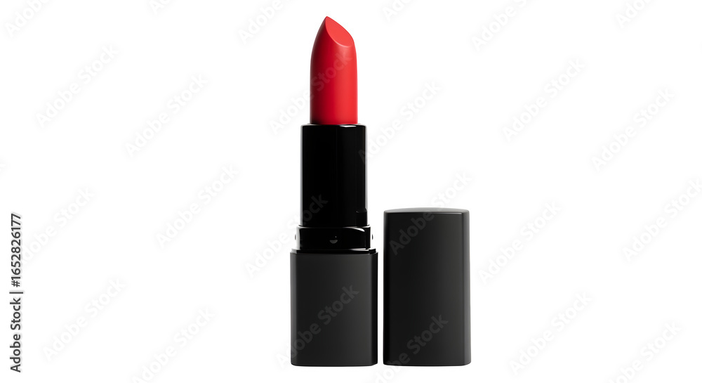 Fototapeta premium Classic red lipstick in matte black tube, cap open, isolated on white background