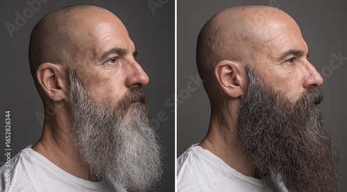 
A side-by-side comparison of two handsome men with beards, one without a beard and the other with a full, thick, well-groomed beard. The man on the left is wearing a white t-shirt.