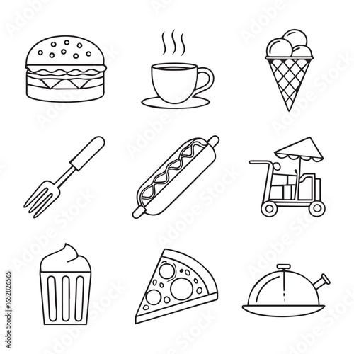 A fast food icons set of delicious cartoon vector illustrations featuring hamburgers, coffee, pizza, and sweet desserts like cupcakes