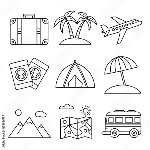 Hand-drawn doodle travel icons set with sun, beach, car, and vacation symbols