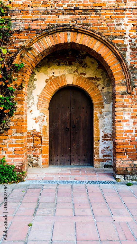 Fototapeta premium Aged brick archway with weathered wooden door.