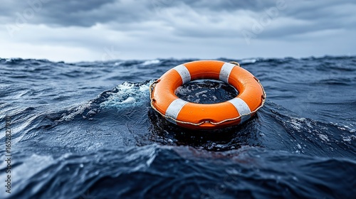 Life buoy ring on rough sea, stormy sky, life preserver in the ocean - concept of rescue and danger.