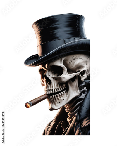 Illustration of a mafia gangster skull character dressed in a sharp suit, smoking a cigar.