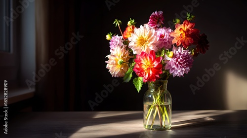 Wallpaper Mural A vibrant bouquet of dahlias in a glass vase, bathed in warm sunlight, casts dramatic shadows on a wooden surface. Torontodigital.ca