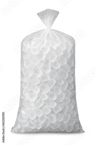 Plastic bag filled with ice cubes, isolated on transparent background, concept of cooling, preservation, and refreshment
