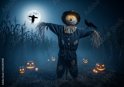 Scarecrow standing in a field at night with pumpkins and a crow under a full moon halloween scene