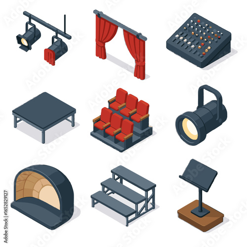 Performance icons spotlight seating vector stage platform conductor mixer risers icon isometric