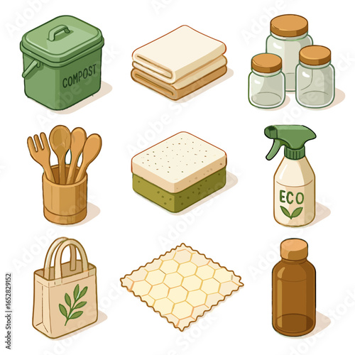 Spray beeswax compost cloth sponge sustainable wrap refill reusable vector icon kitchen
