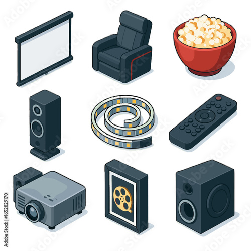 Subwoofer bowl cinema home screen poster surround icons chair speaker frame vector